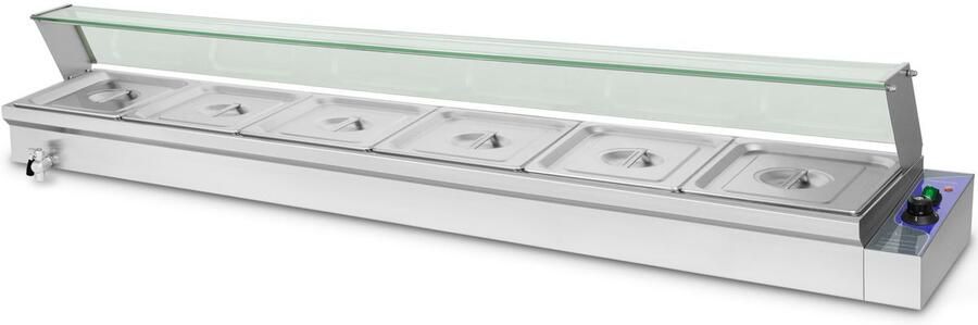 Vertes Gerechtenverwarmer Buffetverwarmer Warmhoudbak voor gerechten Elektrisch 1800 W van roestvrij staal (incl. 6 x 1 2 GN-bakken met deksel voor 6 x 6 l aftapkraan glazen afdekking bain-marie 50-200 °C)