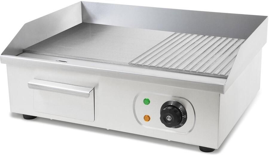Vertes Grillplaat bakplaat plancha elektrische grill 3000W gemaakt van roestvrij staal (Glazuur grilloppervlak met groeven 55x35 cm thermostaat temperatuur 50-300 °C spat- en hittebescherming lekbak rubberen voetjes)
