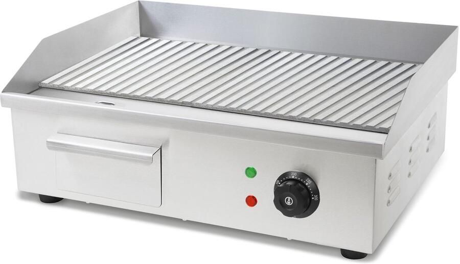 Vertes Grillplaat Braadplaat Plancha Grill Elektrisch 3000W van roestvrij staal Grilloppervlak met groeven 55x35cm thermostaat temperatuur 50-300°C spat- en warmtebescherming