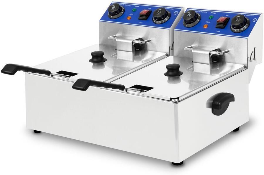 Vertes Professionele elektrische friteuse 2x 10 l (2x 3000 W 230 V Cold Zone-principe temperatuur 50-250 °C 2 frituurmanden resetfunctie roestvrij staal werkt op frituurolie)