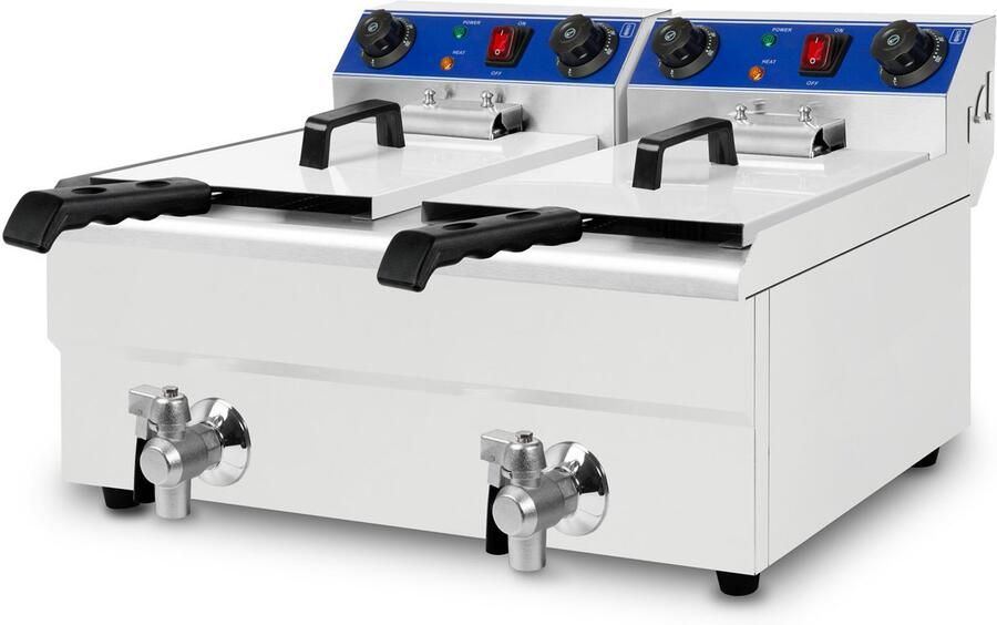 Vertes roestvrijstalen friteuse 2x 13 liter inhoud 50-250 °C 2x 3000 W 230 V koudwaterzone-principe 2 manden professionele friteuse voor de horeca met aftapkraan eenvoudig te reinigen friteuse voor de horeca