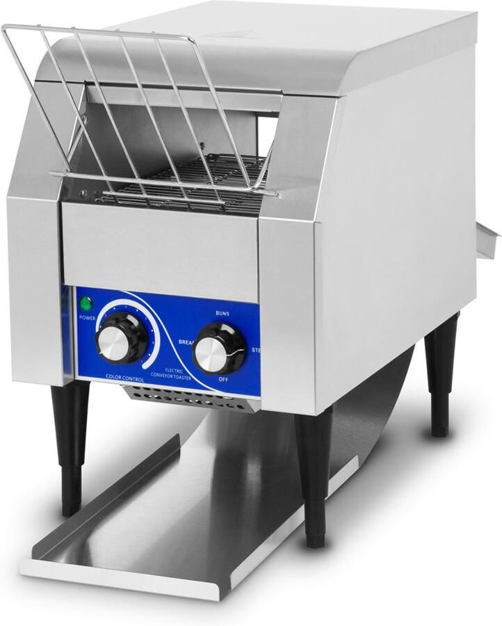 Vertes Transportbandtoaster met roestvrijstalen transportband (1340W 230V professioneel horecamodel voor toast en hamburgerbroodjes extra lade 2 uitvoerlades 7 snelheidsniveaus kruimellade 2 standen)