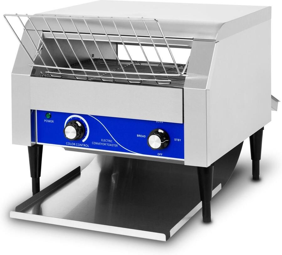 Vertes Transportbandtoaster met roestvrijstalen transportband (2640W 230V professioneel horecamodel voor toast en hamburgerbroodjes extra compartiment 2 uitvoerlades 7 snelheidsniveaus kruimellade 2 standen)