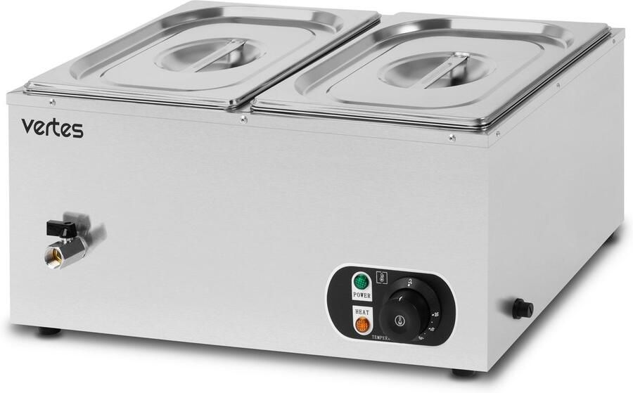 Vertes Voedselwarmer Buffetwarmer Warmhoudbak Voor voedsel Elektrisch 1500 W van roestvrij staal (incl. 2 x 1 2 GN-bakken met deksel voor 2 x 10 l aftapkraan bain-marie waterbad temperatuur 0-85 °C)