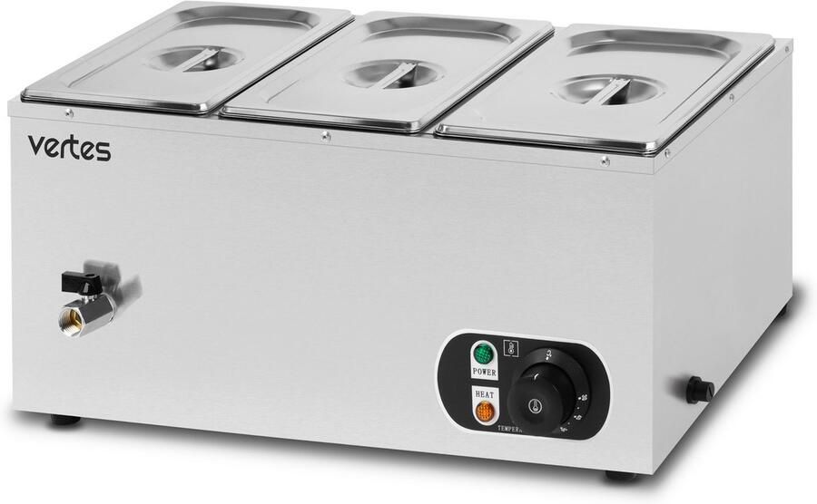 Vertes Voedselwarmer Buffetwarmer Warmhoudbak Voor voedsel Elektrisch 1500 W van roestvrij staal (incl. 3x 1 3 GN-bakken met deksel voor 3x 6 l aftapkraan bain-marie waterbad temperatuur 0-85 °C)