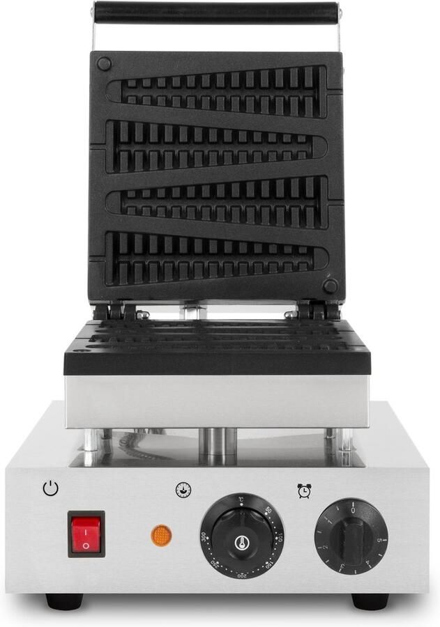 Vertes Wafelijzer op een stokje 4 wafels tegelijk 80 per uur instelbare temperatuur van 0°-300°C Teflon-gecoat gietijzeren wafelijzer met roestvrijstalen behuizing 1800 watt timerfunctie hittebestendige handgreep