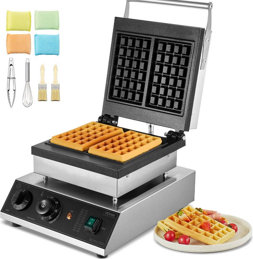 Vevor 30 x 41 x 25 cm Commerciële Wafelijzer Rechthoek Wafelbakker Machine 2kW RVS Vier Rubberen Voetjes aan de Onderkant met de Temperatuurregelaars (50-300 °C)