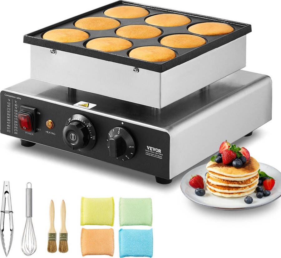 Vevor 32 x 30 x 18 cm Mini Pannenkoekenmachine Nederlandse Pannenkoekenmaker 9-delig RVS Dorayaki 850 Watt Vier Rubberen Voetjes aan de Onderkant met de Temperatuurregelaars (50-300 °C)