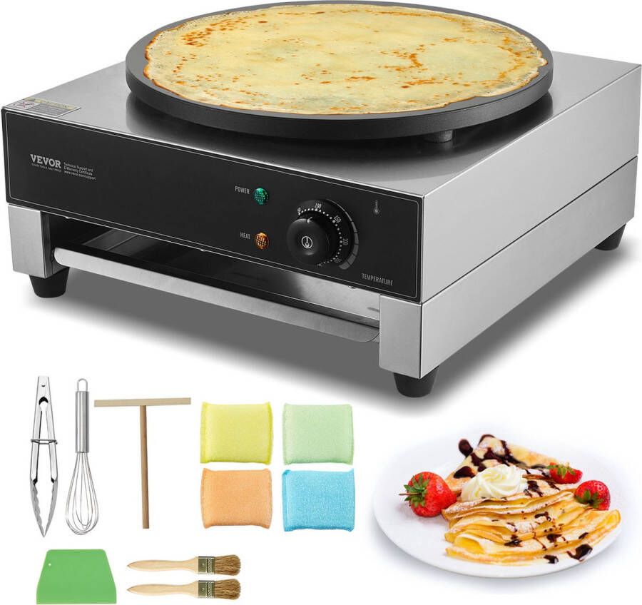 Vevor 43 5 x 45 5 x 22 5 cm Elektrische Crêpes Maker Commerciële Crêpemachine 1700W RVS Vier Rubberen Voetjes aan de Onderkant met de Temperatuurregelaars (50-300 °C)