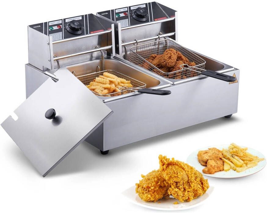 Vevor Frituurpan Dubbele tanks Commerciële Elektrische Frituurpan Geen Timing & Filter 500W 220V Roestvrij Staal Frituurpan voor op het Aanrecht voor Gefrituurde kip en Frietjes Zilver