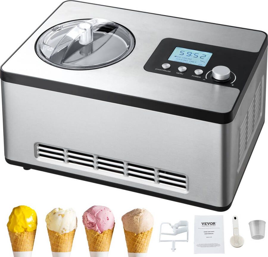 Vevor Compressor-Ijsmachine 2 L 180 W Frozen Yoghurt Maker Ijsmachine 3 Standen Yoghurtmachine Huishoudelijke Draagbare Ijsmachine Sorbet Gelato Geluidsarm Zilver Elektrisch