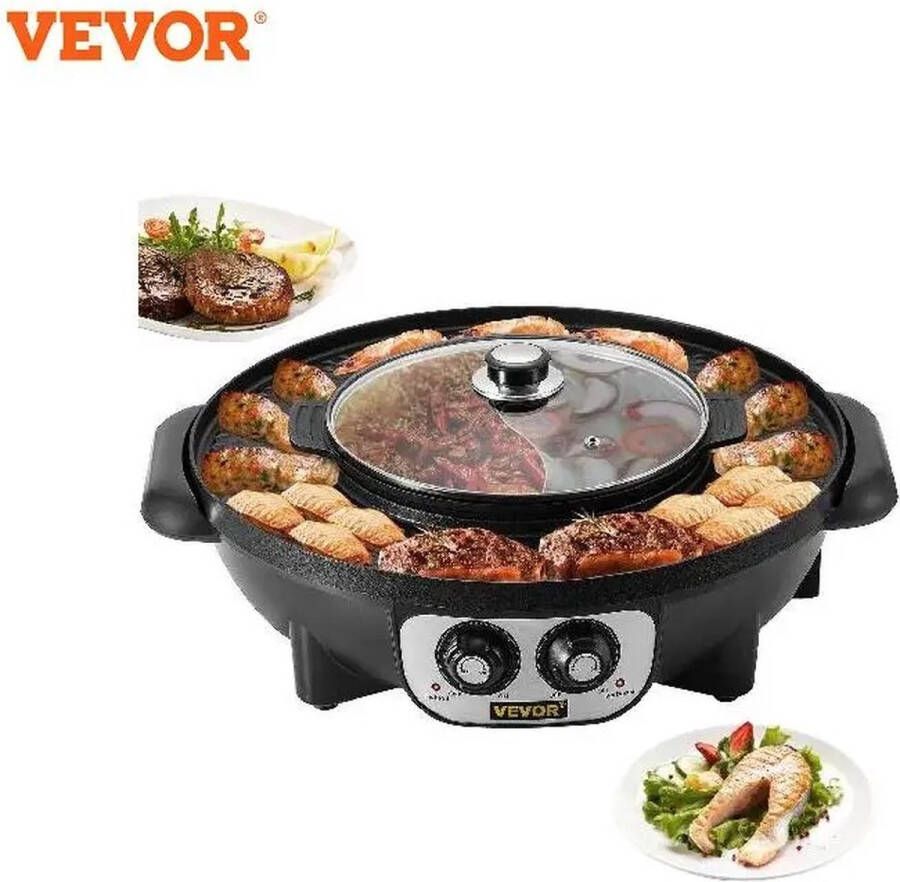 Vevor Nueva Vida Hotpot Electrische Hapjespan BBQ Grill Gourmet 2200W Anti-Aanbak Temperatuur Regelaar Zwart