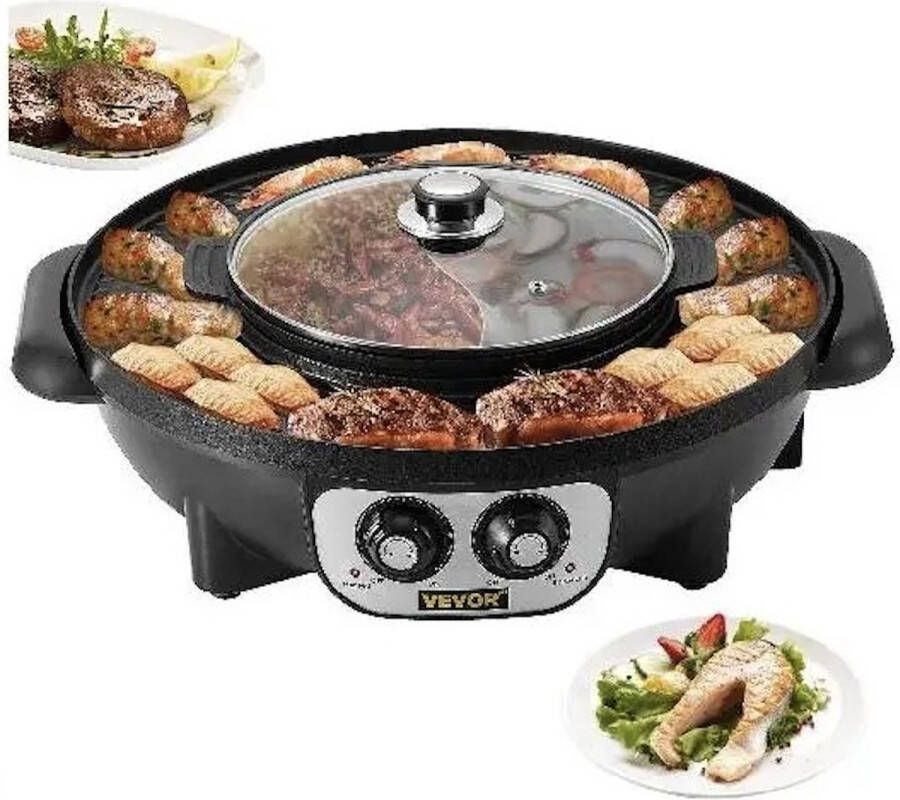 vevor Retail Trends Hapjespan 2 in 1 Grill en Fondue Elektrische Pan Elektrische Multipan BBQ Hotpot anti-aanbaklaag Zwart