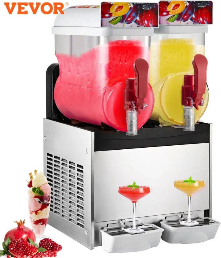 Vevor Slush Puppy Machine Slush Puppy 2 Tanks Dubbele Tank 2x15L Zilver 30 Liter Ijsmachine Ice Bevroren Drank Dispenser