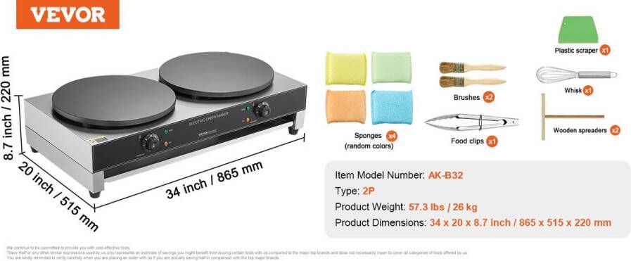 Vevor SucceBuy 16 inch Elektrische Crêpe Maker – Dubbele Hoofd Commerciële Crêpe Machine – 3400 W – Antiaanbak – RVS – Temperatuurregeling