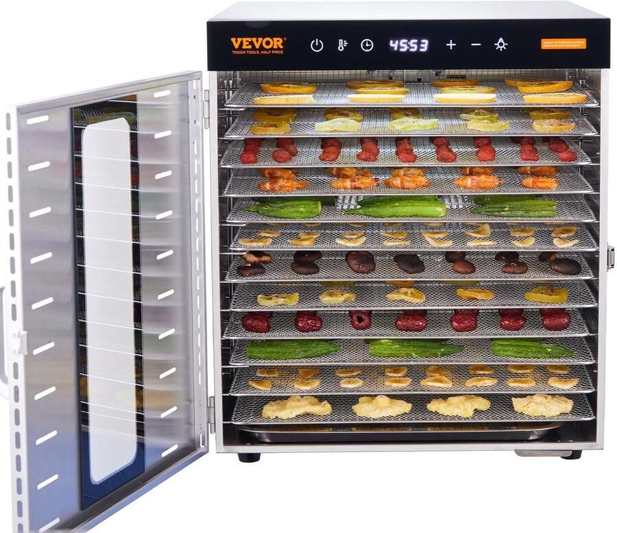 Vevor 1000 w Dehydrator Roestvrij Staal 300 x 280 mm 10 Stuks Dienbladen 360° Droog Dehydrator 30-90℃ Temperatuurregeling 0 5 Tot 48 uur Timer Oververhittingsbeveiliging Receptenboekje voor Vlees Fruit Groenten