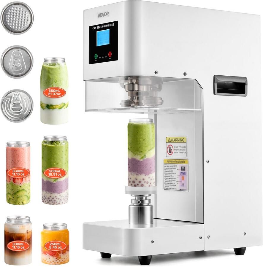 Vevor Automatische Bliksluitmachine voor Blikken van 55 mm Wit voor Plastic Aluminium Blikken van 250 330 500 650 Ml in Hoogte Verstelbaar Bediening met Één Druk Op De Knop Toonbankmodel Elektrische Bliksluitmachine voor Cafés