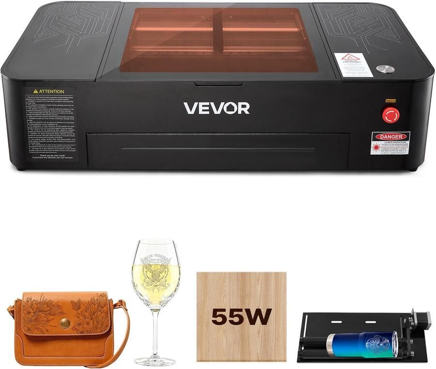 Vevor Co2-Lasergraveermachine 55w Lasersnijmachine 500x300 mm Tafelmodel met 16 Mp-Camera Waterpomp En Roterende As Compatibel met Lightburn Coreldraw En Rdworks voor Hout Acryl En Glas
