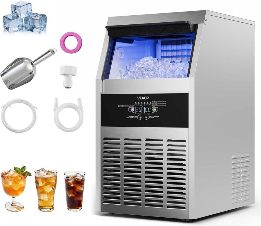 Vevor Commercial Ice Maker Machine 59 kg 24h met 7.3-14 kg Opslagcapaciteit Ingebouwd Losstaand Onder Tafel Zilveren Ijsmachine met Led Display & Zelfreinigend voor Home Bar Restaurant
