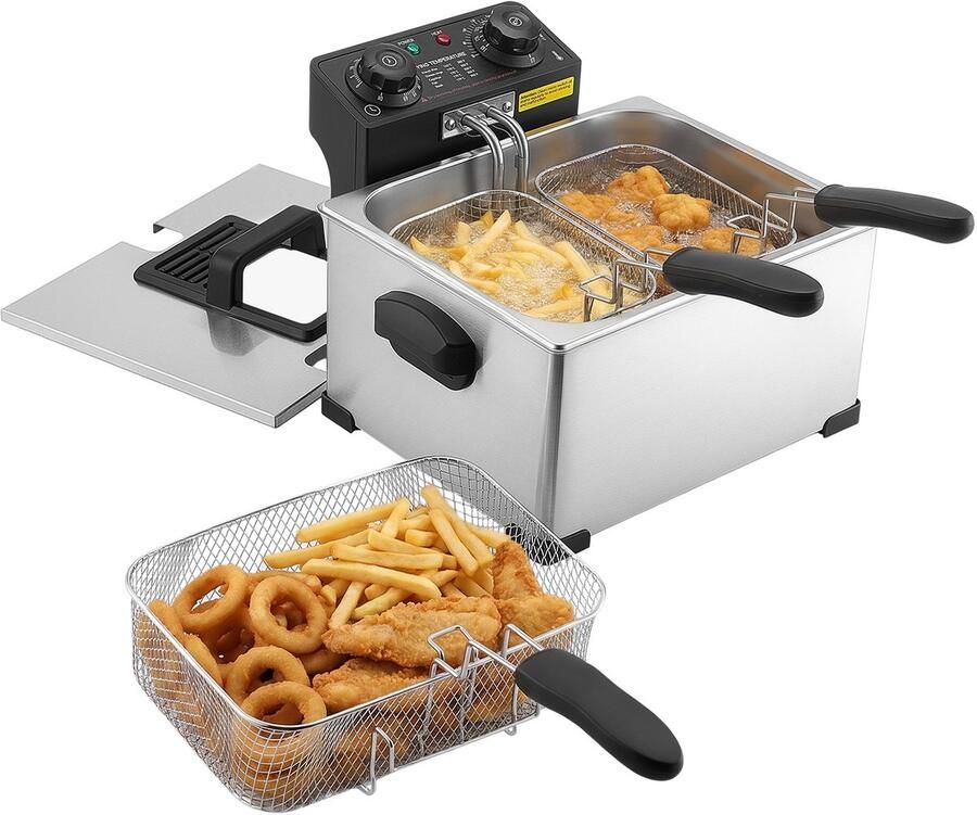 Vevor Commerciële Elektrische Friteuse 5 2 Liter Oliecapaciteit 2500 W Roestvrij Staal Tafelmodel met Frituurmandjes (Twee Kleine + Één Grote) Oververhittingsbeveiliging Temperatuurregeling en Timer Zilverkleurig