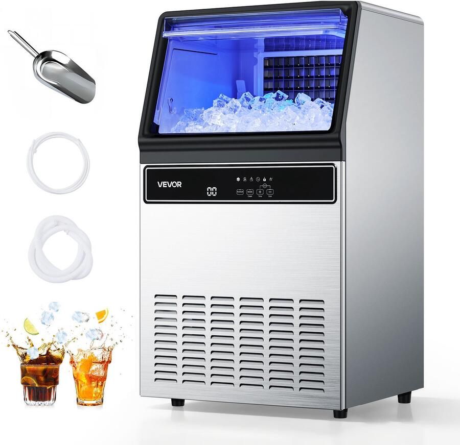 Vevor CommerciëLe Ijsmachine 130 Lbs 24 Uur met 33 Lbs Opslag 45 Ijsblokjes Per Cyclus Vrijstaande Ijsmachine Van Roestvrij Staal met Led-Display En Zelfreiniging voor Thuis Bar En Restaurant