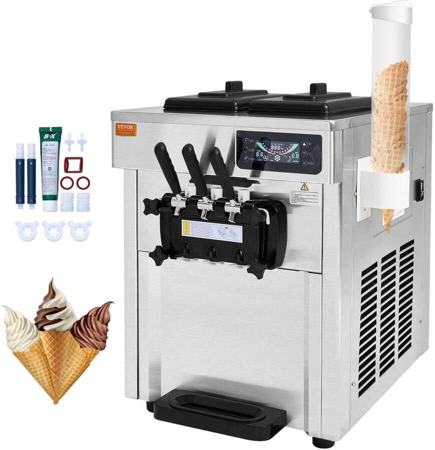 Vevor Commerciële Ijsmachine 18-28L u 3 Smaken Italiaanse Ijsmachine 2 x 5.5L Trechter LCD-paneel Automatische Voorkoeling Reiniging voor Yoghurt Koffie Snackbar Restaurant