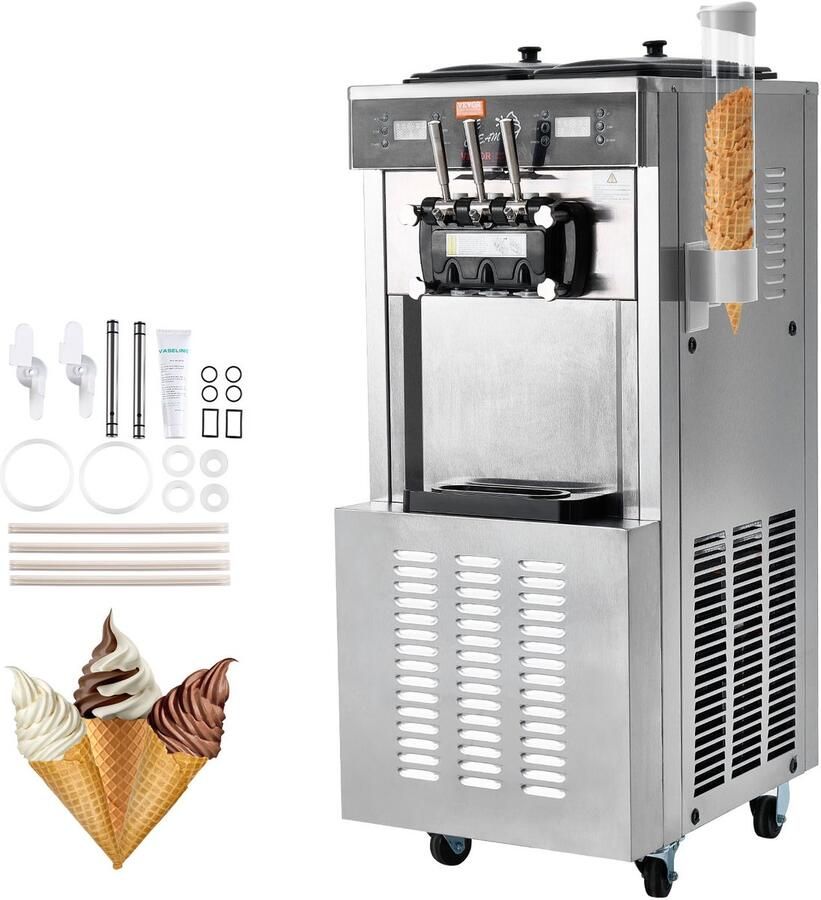 Vevor Commerciële Ijsmachine 34-44 l u Vermogen 1850 W Vrijstaande Softijsmachine met 3 Smaken 2 x 9 L Roestvrijstalen Container LED-paneel Gebruik van Één Cilinder en Nachtelijke Koeling