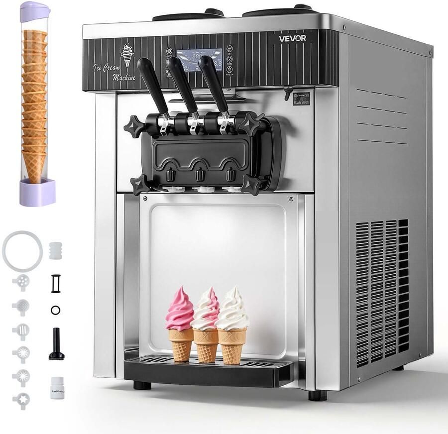 Vevor Commerciële Ijsmachine met Een Capaciteit van 20-28 l u Softijsmachine van 2200 W met 2 x 6 L Containers Voorkoeling Zelfreiniging en LED-display Tafelmodel voor Snackbars Dessertwinkels en Cafés Zilverkleurig