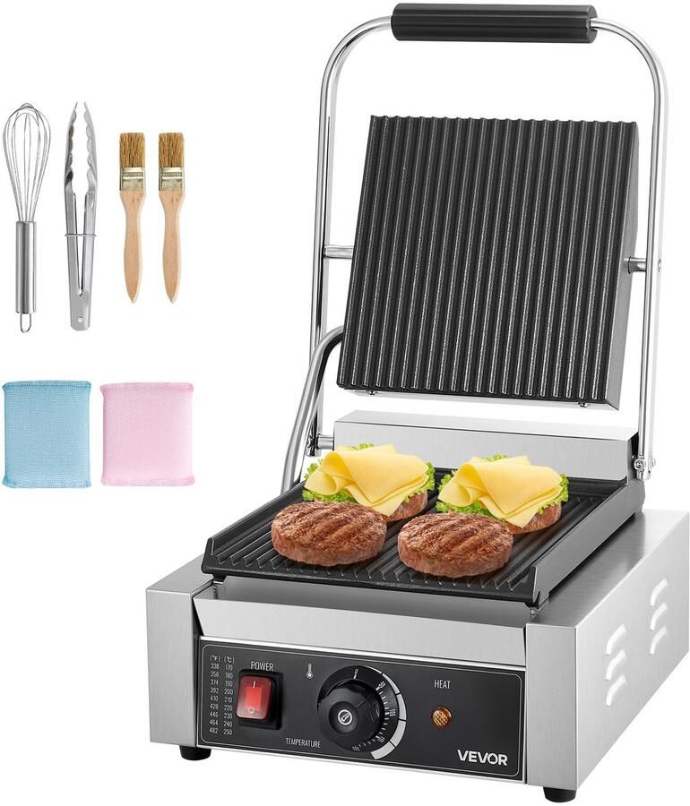 Vevor Multifunctionele Sandwich Panini Grill Commerciële Grill Roestvrij Staal Instelbare Temperatuur 50-300°C Gelijkmatige Verwarming 22 6 x 22 86 cm Duurzaam Voor Restaurants Kiosken Gezinnen
