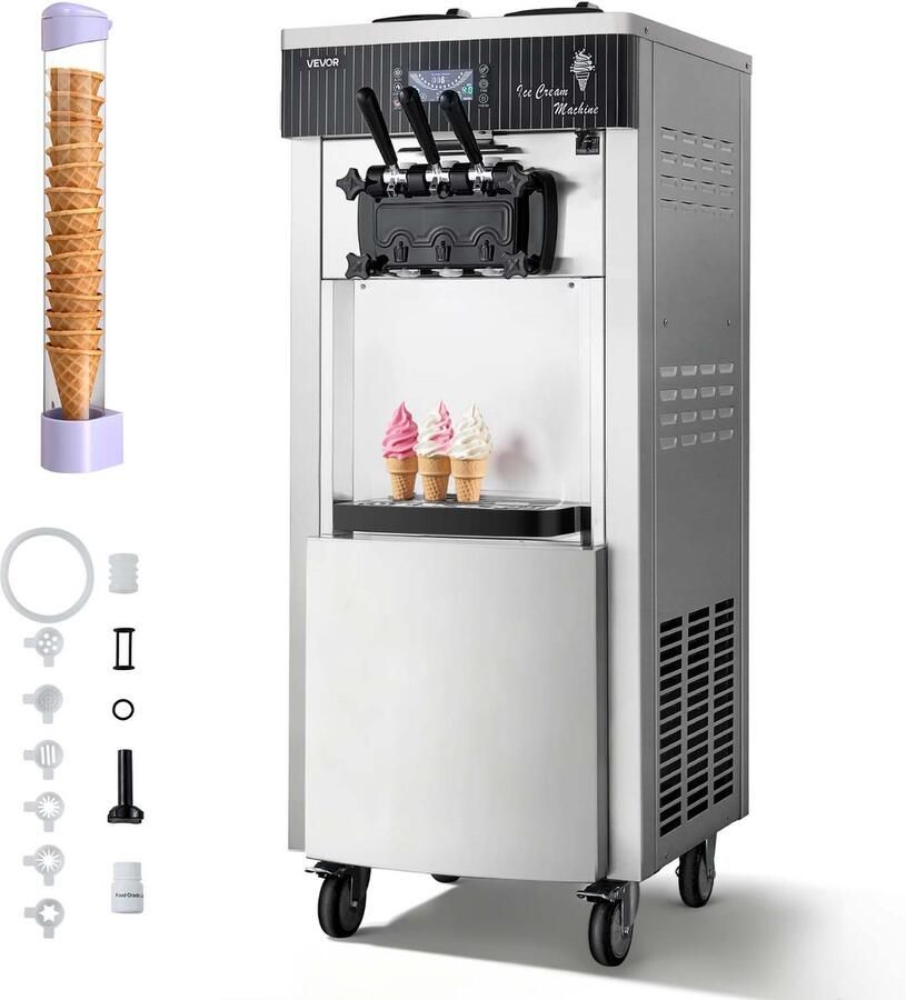 Vevor Commerciële Softijsmachine 2200 W Vrijstaande Ijsmachine met Een iecapaciteit van 20-28 L U met 3 Smaken en 2 Containers (6 L) voorkoeling en Zelfreiniging voor Snack- en Dessertwinkels