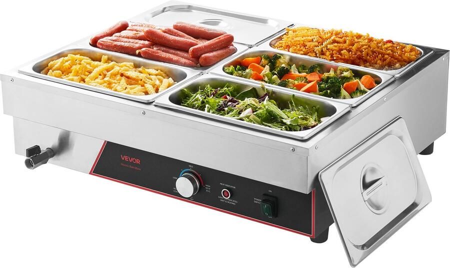 Vevor Commerciële Voedselwarmer met 6 Containers (1 3 Formaat) & Netsnoer 1500W Roestvrijstalen Buffetwarmer Buffetcontainers Buffet Waterbad Voedselwarmer voor Restaurants Feesten en Buffetten