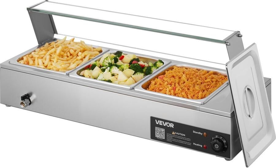 Vevor Commerciële Voedselwarmer met Glazen Deksel en 3 Containers (1 2 Formaat) 1500W Buffet Warmer Roestvrij Staal Buffet Containers Buffet Waterbad Voedselwarmer voor Restaurants Feesten Buffetten