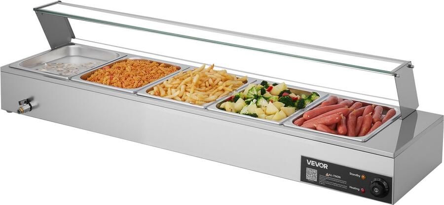Vevor Commerciële Voedselwarmer met Glazen Deksel en 5 Containers (1 2 Formaat) 1500W Buffet Warmer Roestvrij Staal Buffet Containers Buffet Waterbad Voedselwarmer Station voor Restaurants Feesten Buffetten