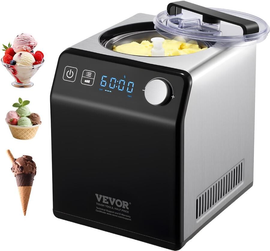 Vevor Compressor-Ijsmachine 2 L 180 W Frozen Yoghurt Maker Ijsmachine 3 Standen Yoghurtmachine Huishoudelijke Draagbare Ijsmachine Sorbet Gelato Geluidsarm Zwart Elektrisch