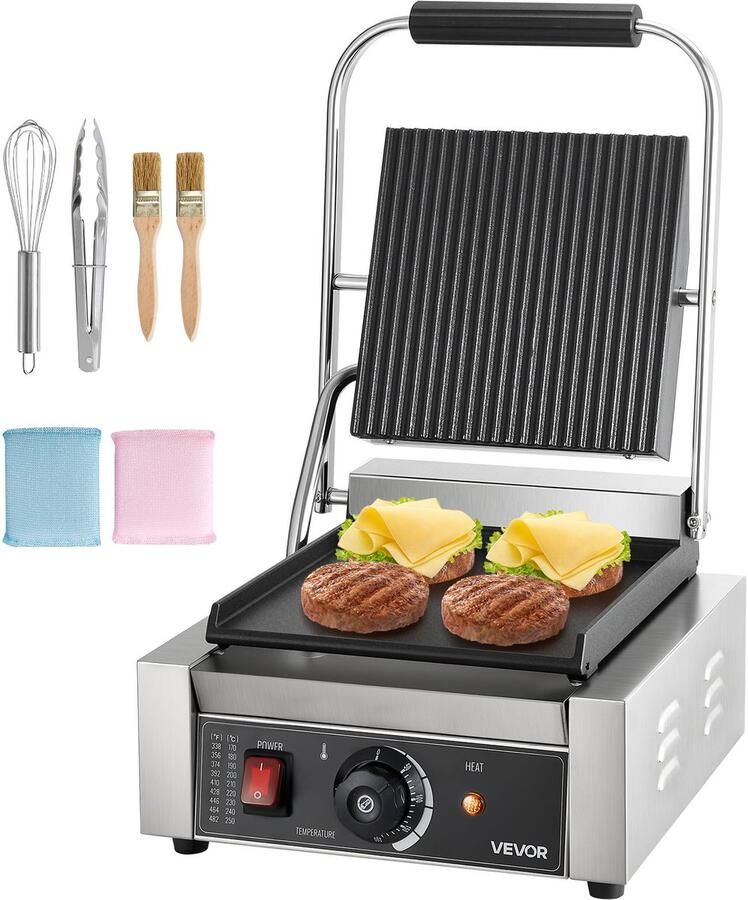 Vevor Commerciële Panini Grill 22 6 x 22 86 cm Multifunctioneel Roestvrijstalen Buitenkant Gelijkmatige Verwarming Instelbare Temperatuur 50-300°C Ideaal voor Vegetarisch Vlees Tosti's Hamburgers en Meer