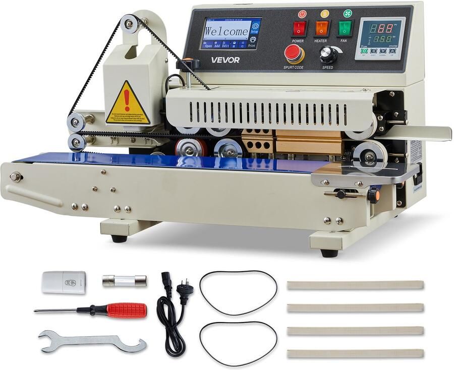 Vevor Continue Sealmachine 6–12 mm Sealbreedte Horizontaal met Inkjetprint Sealmachine Temperatuur en Snelheid Instelbaar voor Plastic Zakken van 0 03–0 8 mm