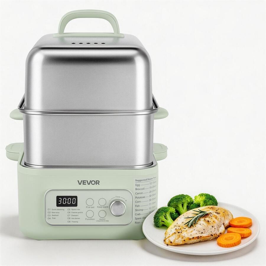 Vevor Elektrische Stoomkoker 13 Liter met 2 Kookniveaus Roestvrij Staal 1500 W Groen Groente- en Voedselkoker voor 3-6 Personen met 9 Voorgeprogrammeerde Programma's Warmhoudfunctie voor Groenten Zeevruchten en Rijst