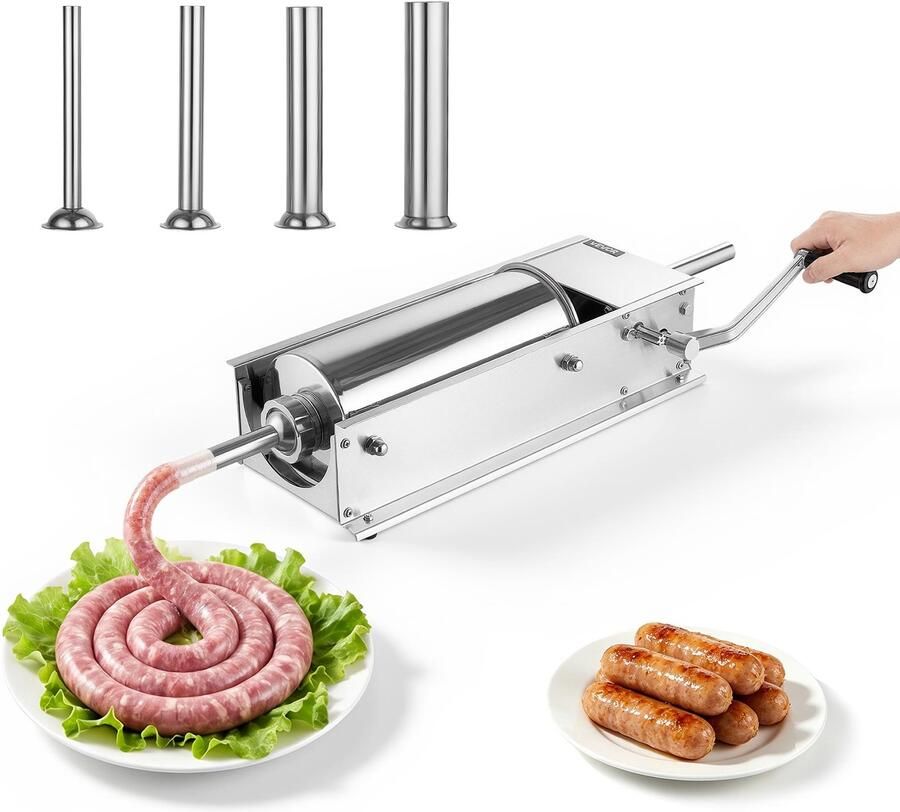 Vevor Handmatige Worstvuller 5L Horizontale Worstvuller Roestvrij Staal voor Thuis Kamperen Grillen & BBQ met 4 Vulbuizen 2 Snelheidsstanden Ergonomische Handgreep en Afneembare Onderdelen