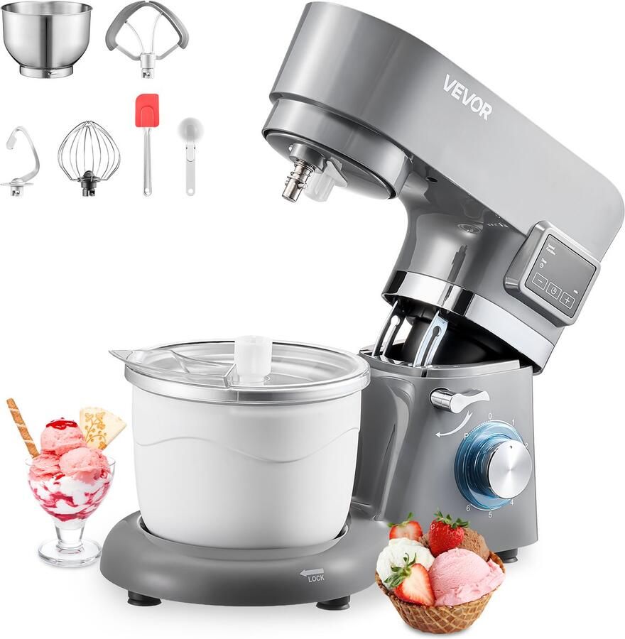 Vevor IJsmachine 1 7L Staande Mixer 6-snelheden met LED-digitaal Display & Timer & Roerpeddel & Deeghaak & Spatbescherming voor Doe-het-zelf Bevroren Yoghurt Fruitgelato Sorbet 1400W Grijs