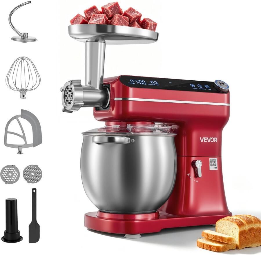 Vevor Multifunctionele Keukenmachine met Kantelbare Kop 7 liter 2-in-1 1000 W Rood Mixer voor Deeg Room Beslag en Vlees Kneedmachine met Mengkom Deeghaak Klopper en Garde