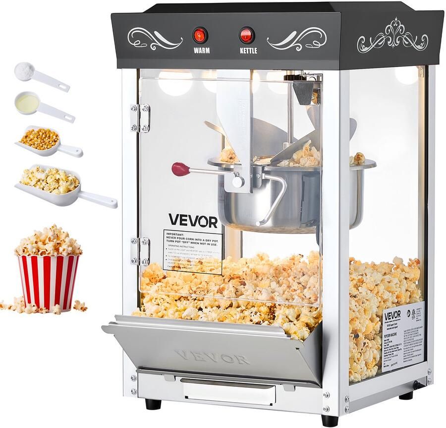 Vevor Popcornmachine 800w Popcornmaker Zwart Bioscoopstijl 48 Kopjes Inhoud