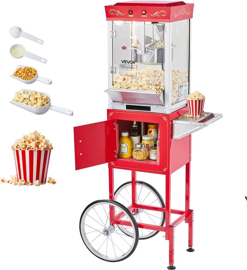 Vevor Popcornmachine Popcornmaker met Kar 800W 48 Kopjes Lading Rood