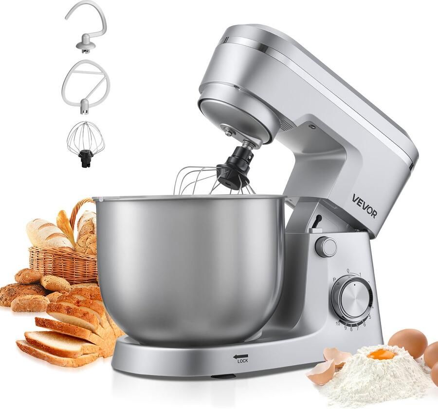 Vevor Staande Mixer Foodprocessor voor Bakken 1500W Deegmachine met Roestvrijstalen Kom (5 7 L) & Deeghaak & Klopper & Garde 10 Snelheden Kantelbare Mixer