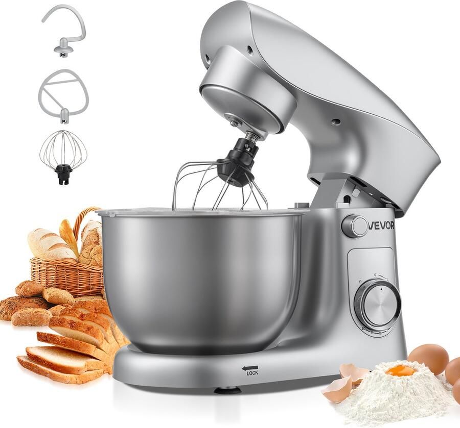 Vevor Staande Mixer Keukenmachine voor Bakken 1500w Deegmixer met Roestvrijstalen Kom (4 2L) & Deeghaak & Klopper & Garde 10 Snelheden Kantelbare Mixer