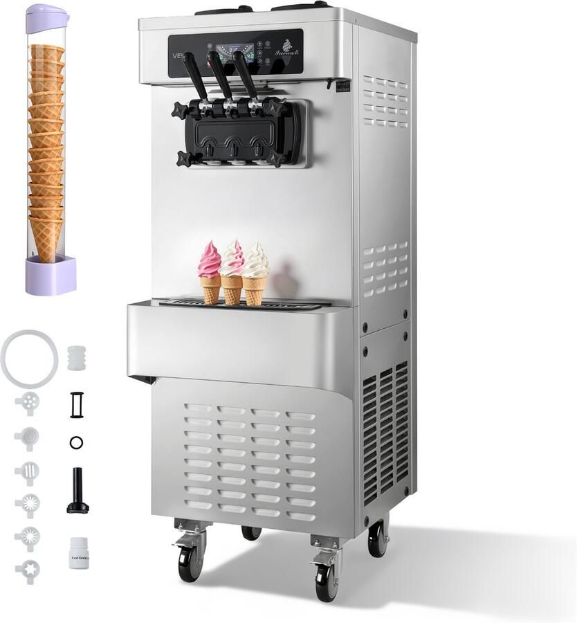 Vevor Vrijstaande Softijsmachine 20-28 L U Ijsmachine 2200 W Commerciële Ijsmachine met 3 Smaken 2 Containers van 6 liter en Voorkoelfunctie Perfect voor Cafés Snackbars en Feesten