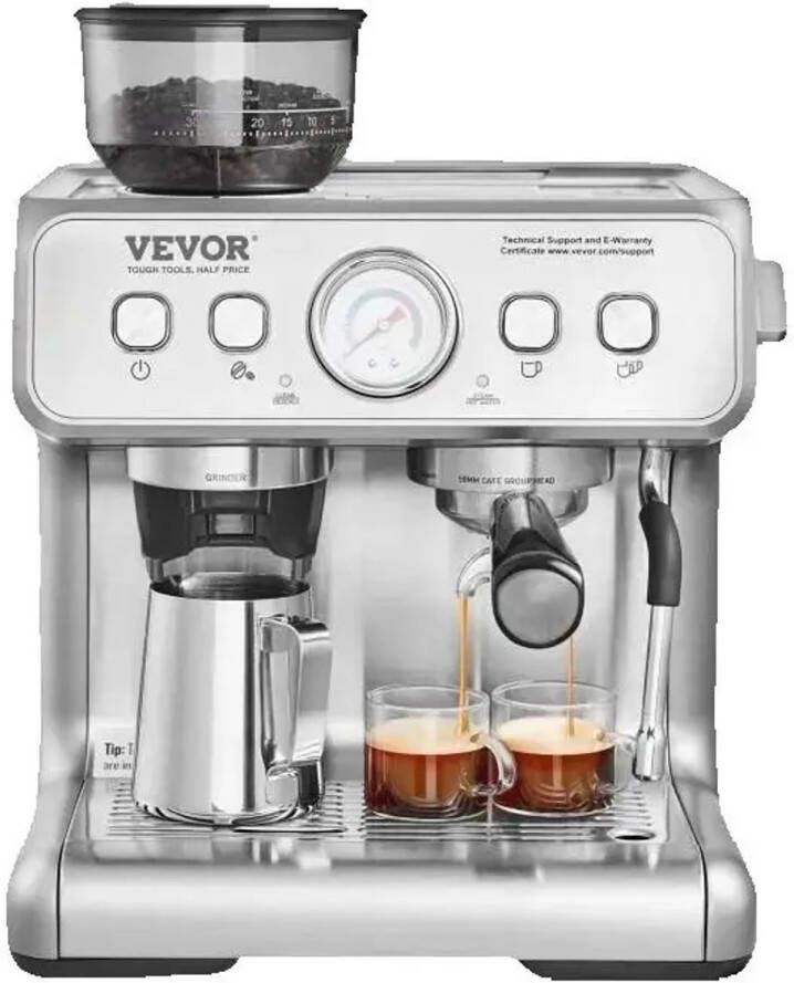 Vevor VirtuBuy Koffiemachine Met Bonen Espressomachine Halfautomatisch Espressomachine van 15 bar Met Melkopschuimer Met Molen