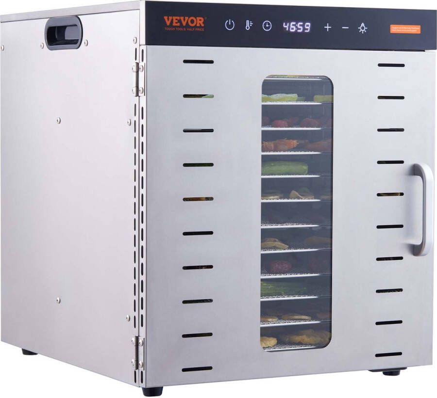 Vevor 1000 w Dehydrator Roestvrij Staal 300 x 280 mm 10 Stuks Dienbladen 360° Droog Dehydrator 30-90℃ Temperatuurregeling 0 5 Tot 48 uur Timer Oververhittingsbeveiliging Receptenboekje voor Vlees Fruit Groenten - Foto 2