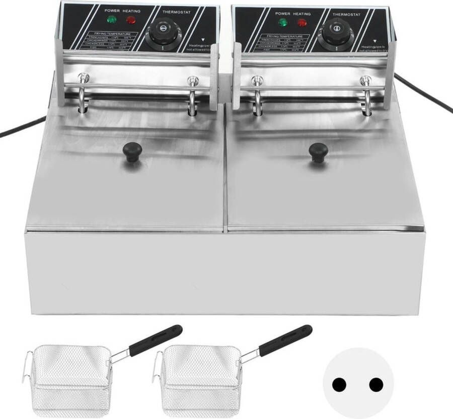 VGEBY Frituurpan Dubbele tanks Commerciële Elektrische Frituurpan Instelbare Temperatuur 500W 220V Zilver