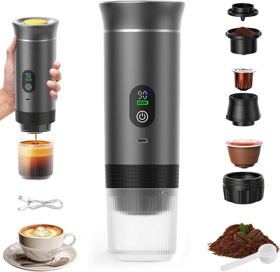 VHV -Draagbaar koffiezetapparaat 3-in-1 Oplaadbaar draagbaar reiskoffiezetapparaat 20-25 uur 12V espressomachine voor capsule-Capaciteitsupgrade -CNC Verhoogde capaciteit-gemalen koffie voor kamperen reizen kantoor auto en thuis (Grijs)