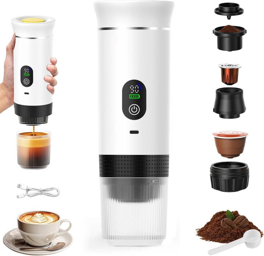 VHV -Draagbaar koffiezetapparaat 3-in-1 Oplaadbaar draagbaar reiskoffiezetapparaat 20-25 uur 12V espressomachine voor capsule-Capaciteitsupgrade -CNC Verhoogde capaciteit-gemalen koffie voor kamperen reizen kantoor auto en thuis (Wit)